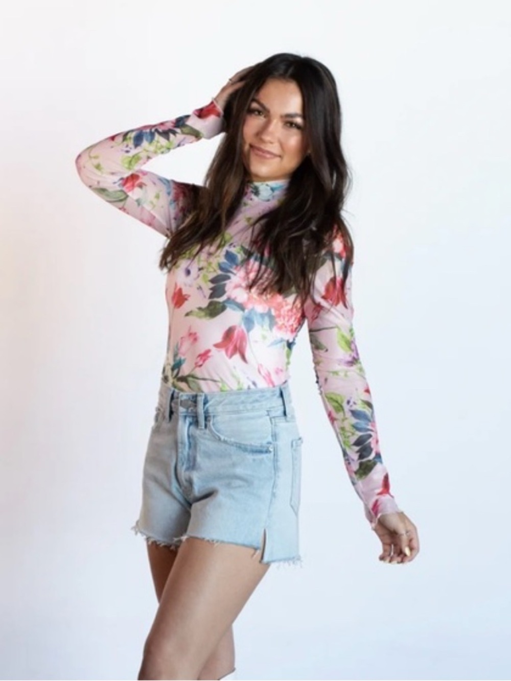 Blueb Collection Floral Sheer Long-Sleeve Mock Neck Top -Size-Large Soft Floral